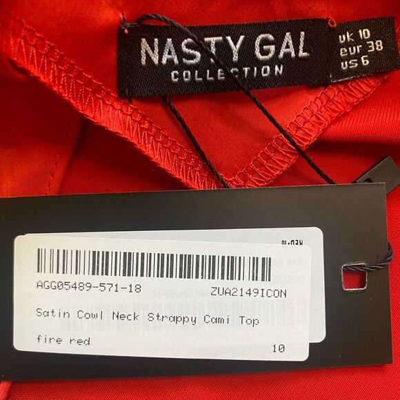 Nasty Gal Fire Red Satin Cowl Neck Strappy Back Cami - Picture 3 of 4
